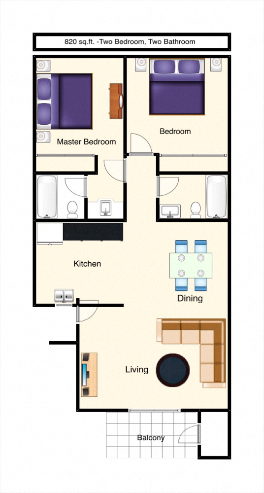 Floor plan for 2 beds, 2 baths, 818 sqft
